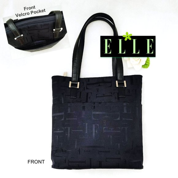 ELLE Paris Blue Nylon Tote Shoulder Bag Black Leather Handle Front Pocket ZipTop - Picture 3 of 10